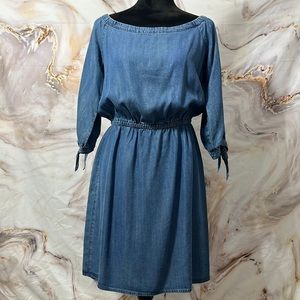 White House Black Market Denim Dress 3/4 Sleeve Cinched Waist Tie Sleeve Sz S